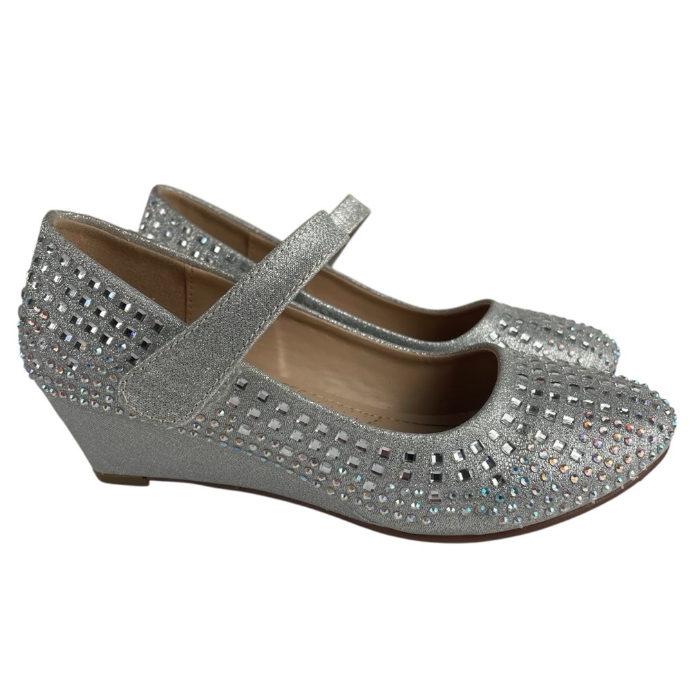 Girls Fancy Formal Silver Dress Wedge Low Heel Shoes with Strap Size 3